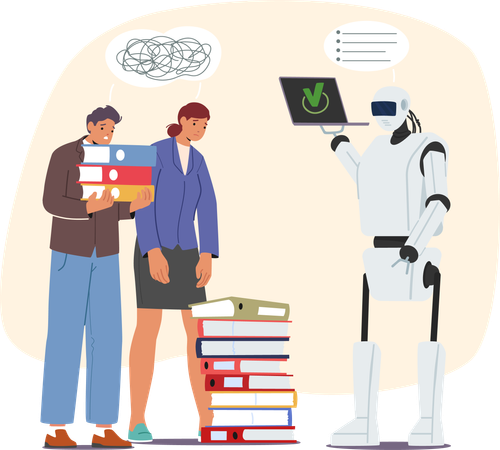 Futuristic Humanoid Robot Engages In Competition With A Human Employee Illustration