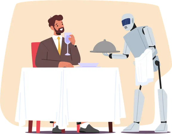 Futuristic Robot Efficiently Serves Customers In A Restaurant Its Metallic Limbs Smoothly Delivering Dishes With Precision Embodying The Integration Of Technology In Dining Experiences Vector Scene Illustration