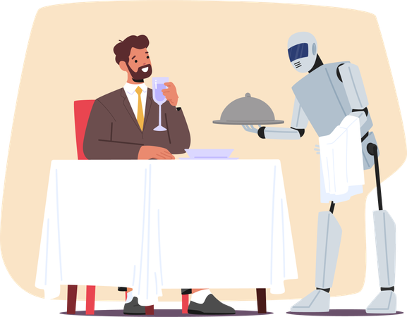 Futuristic Robot Efficiently Serves Customer In Restaurant  Illustration