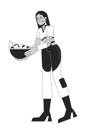 Futuristic woman holding salad bowl  Illustration