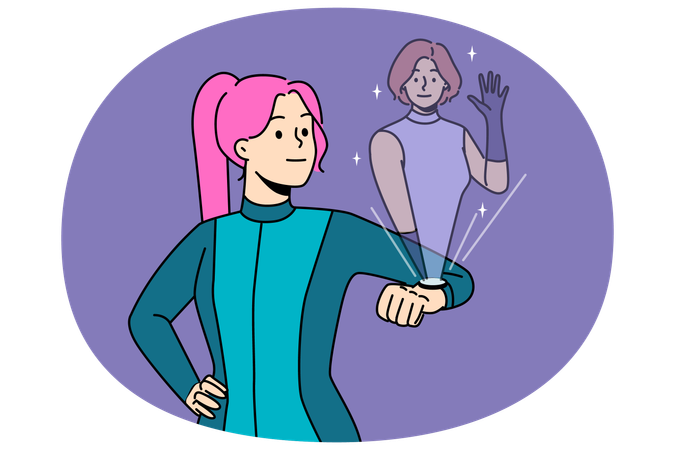 Futuristic woman using watch with female friend hologram for remote communication and chatting  Illustration
