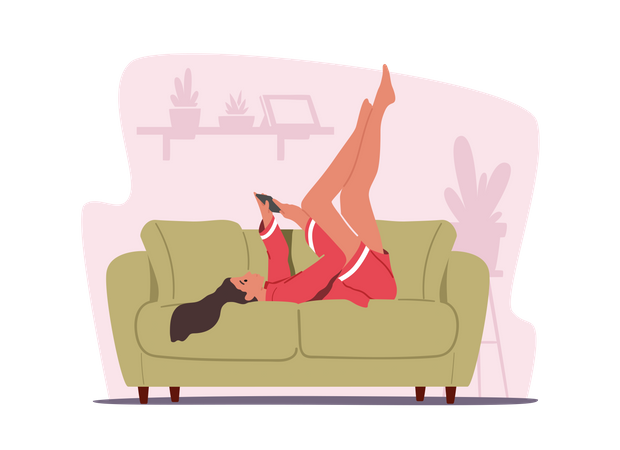 Gadget Communication Concept. Relaxed Female Character Lying at Home on Sofa Look on Screen of Smartphone Write Message Illustration