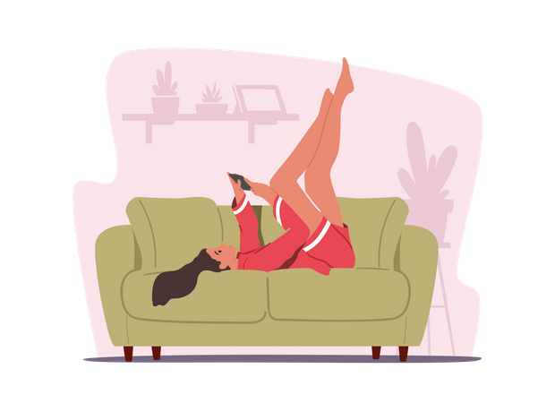 Gadget Communication Concept. Relaxed Female Character Lying at Home on Sofa Look on Screen of Smartphone Write Message  Illustration