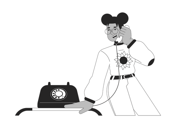 Chica de anteojos negros hablando con receptor de teléfono  Ilustración