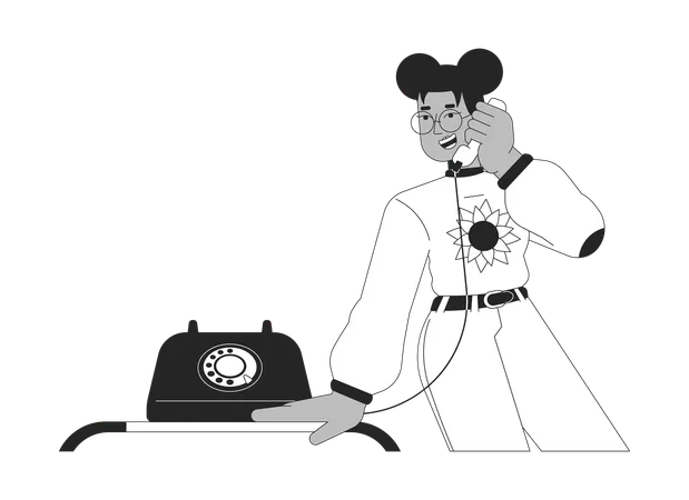 Chica de anteojos negros hablando con receptor de teléfono  Ilustración