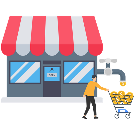 Gagner de l'argent grâce à la location ou à la vente d'un magasin, à l'investissement immobilier ou immobilier, aux revenus du logement ou aux bénéfices, au concept résidentiel, un homme d'affaires riche tire un profit de l'argent du robinet provenant de   Illustration
