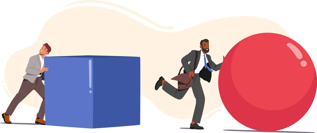 Businessmen Characters Pushing Large Ball And Cube Figures Represent The Concept Of Gaining An Advantage In Business Symbolizing Strategy And Competition Cartoon People Vector Illustration Illustration