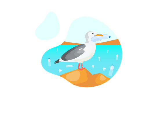 Gaivota com garrafa de plástico  Ilustração