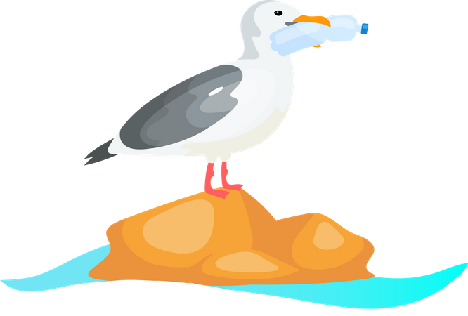 Gaivota com garrafa plástica no bico  Ilustração