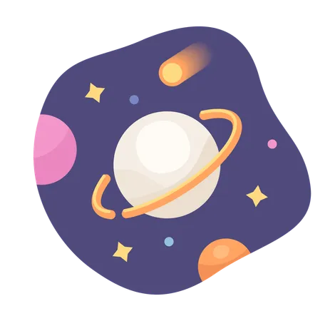 행성과 별 반평형 색상 벡터 스티커가 있는 은하계입니다 행성과 위성 떨어지는 혜성 흰색 바탕에 편집 가능한 만화 클립 아트 아이콘입니다 웹 그래픽 디자인을 위한 간단한 지점 그림 일러스트레이션