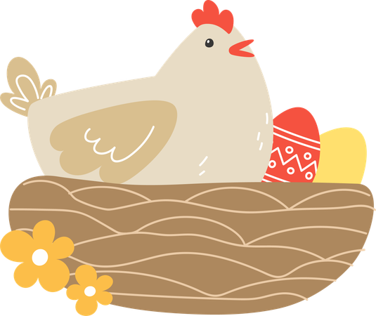 Pollo y huevos de pascua en el nido.  Ilustración