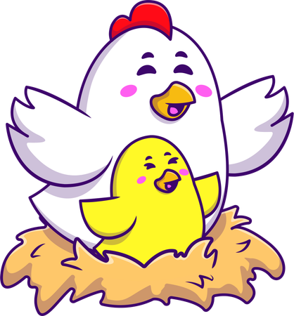 Pollo y pollito en el nido  Ilustración