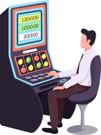 Gambler Flat Color Vector Faceless Character Player Make Bet Person Playing Game Of Chance To Win Lottery Male Caucasian Sit In Casino Man At Fruit Machine Isolated Cartoon Illustration Illustration