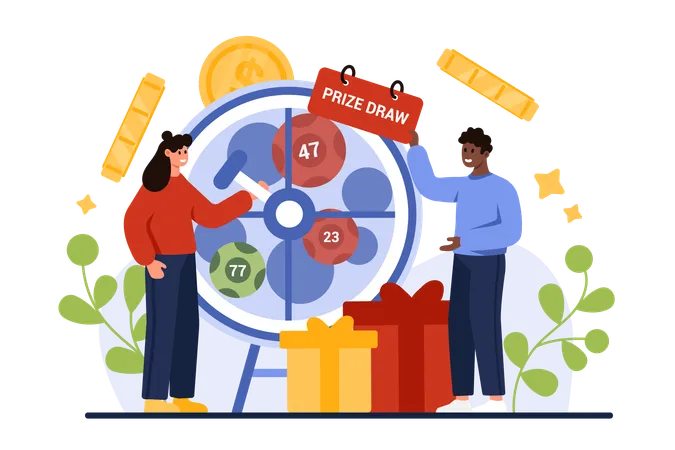 Prize Draw Lottery Gambling Game For Chance To Win Gifts Tiny People Roll Drum Machine To Select Random Ball With Number Of Winner Play For Cash Coins With Raffle Wheel Cartoon Vector Illustration Illustration