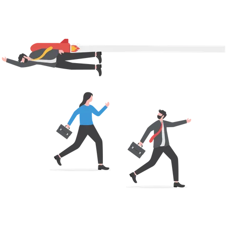 Game Changer Unique Way To Win Business Competition Being Different And Creativity As An Advantage To Win Concept Businessman Flying With Rocket Jetpack In Different Direction Of Other Competitors Illustration