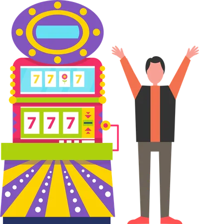 Gambler Happy Of Victory Isolated Man Standing By Slot Machine Showing Lucky Numbers Winning Money Triple 777 Addicted Gamer Male Vector Illustration In Flat Cartoon Style Illustration