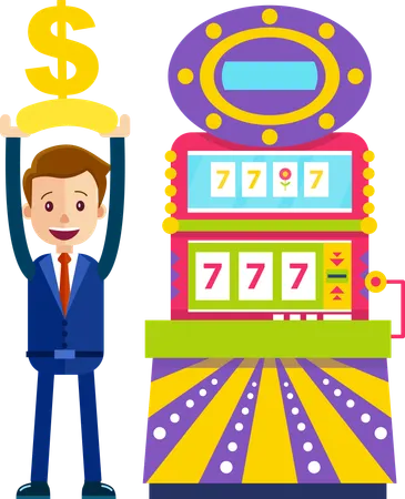 Winner Man With Dollar Winning Game Machine With 777 Lucky Combination Colorful Gambling Equipment With Joystick Earning Money Casino Entertainment Vector Illustration