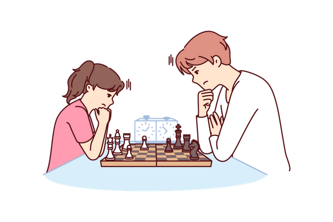 Game of chess between man and teenage girl during training of professional grandmaster  Illustration