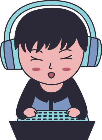 Gamer Boy Wearing Headset Enjoying Playing Game with Laptop  Illustration