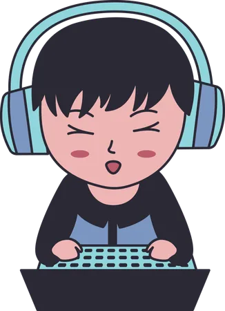 Gamer Boy Wearing Headset Enjoying Playing Game with Laptop  Illustration