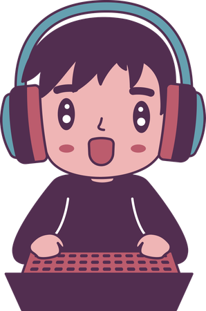 Gamer Boy Wearing Headset Enjoying Playing Game with Laptop  Illustration