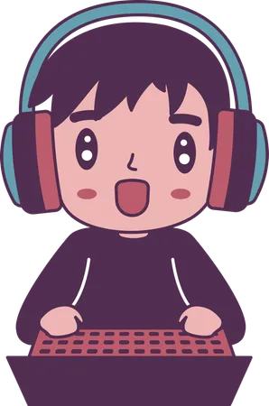 Gamer Boy Wearing Headset Enjoying Playing Game with Laptop  Illustration