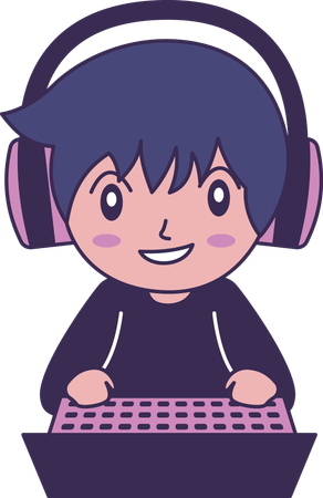 Gamer Boy Wearing Headset Enjoying Playing Game with Laptop  Illustration