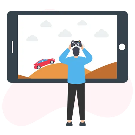Gamer playing car racing game on mobile phone using wireless controller  Illustration