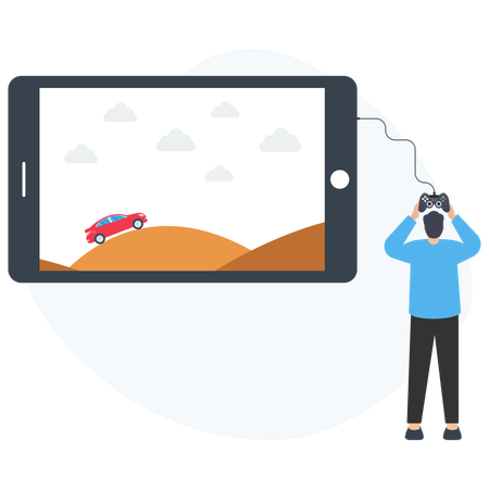 Gamer playing car racing game on mobile phone with controller Illustration