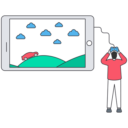 Gamer playing car racing game on mobile phone with controller Illustration