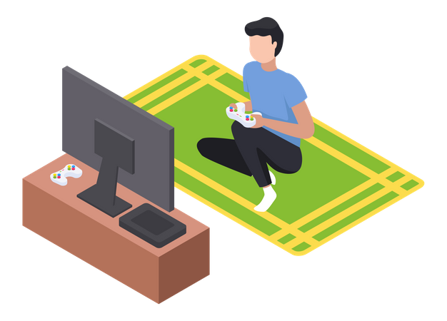 Gamer playing video game on TV screen  Illustration