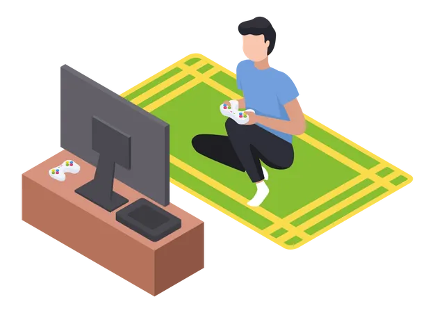 Gamer playing video game on TV screen  Illustration