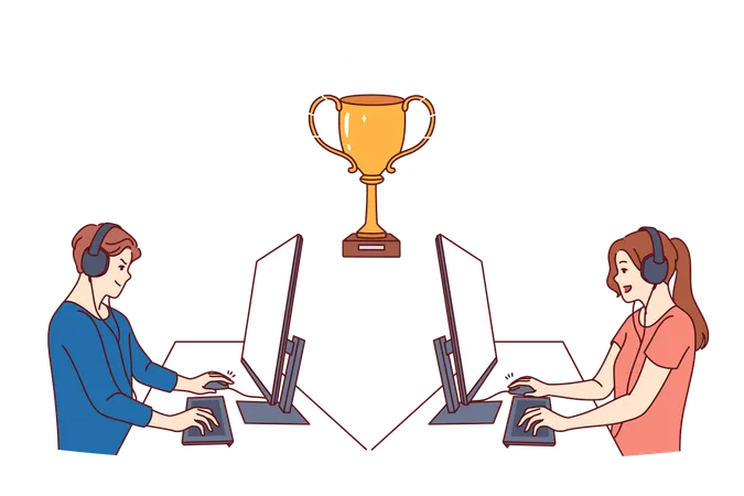 Gamers participate in esports video game tournament sitting at tables with computers near gold cup  Illustration