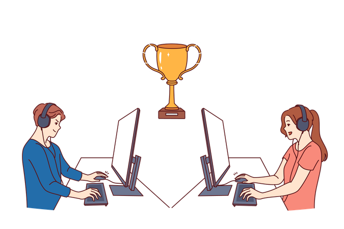 Gamers participate in esports video game tournament sitting at tables with computers near gold cup  Illustration