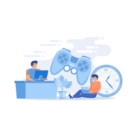 Gamers playing online video game  イラスト
