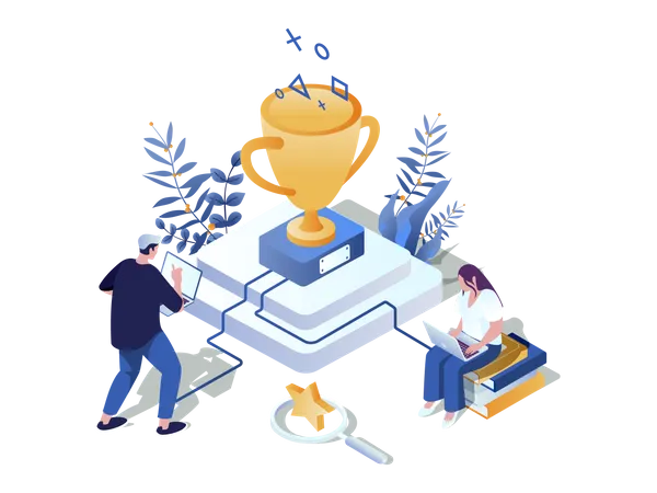 Gamification In Learning Concept 3 D Isometric Web Scene People Studying Achieved New Level And Completing Challenges For Winning Awards And Trophy Cup Vector Illustration In Isometry Graphic Design Illustration