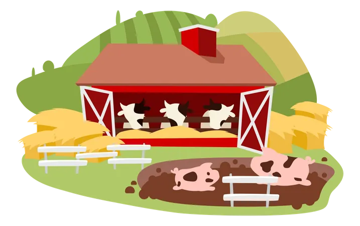 Ilustracion De Vector Plano De Ganaderia Y Ganaderia Concepto De Dibujos Animados Aislados De Granja Lechera Granero De Vacas Y Cerca De Cerdos Con Fardos De Heno Agricultura Animal Rancho En Tierras De Cultivo Paisaje Rural Ilustración