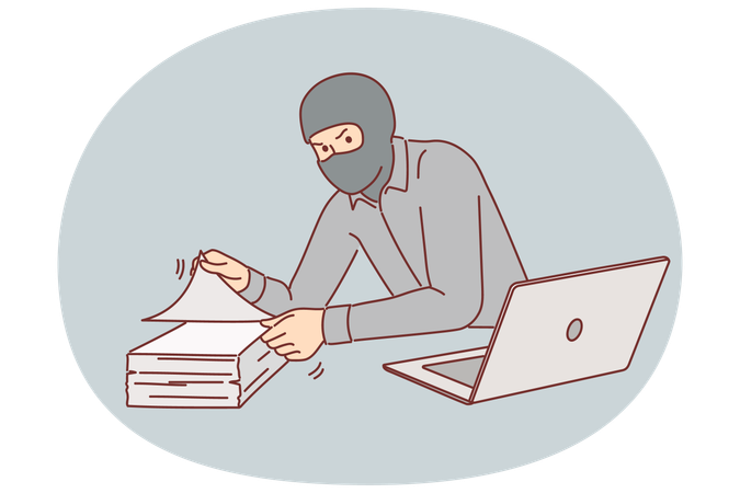 Ein Mann stiehlt Dokumente aus einem Bürogebäude und trägt eine Maske, um sein Gesicht zu verbergen und anonym zu bleiben  Illustration