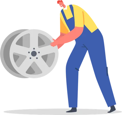 Garage mechanic mounting tire  Illustration