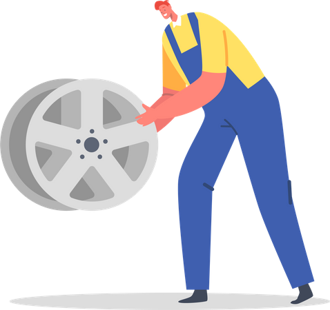 Garage mechanic mounting tire  Illustration