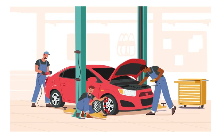 Garage mechanics fixing issue with the car  Illustration