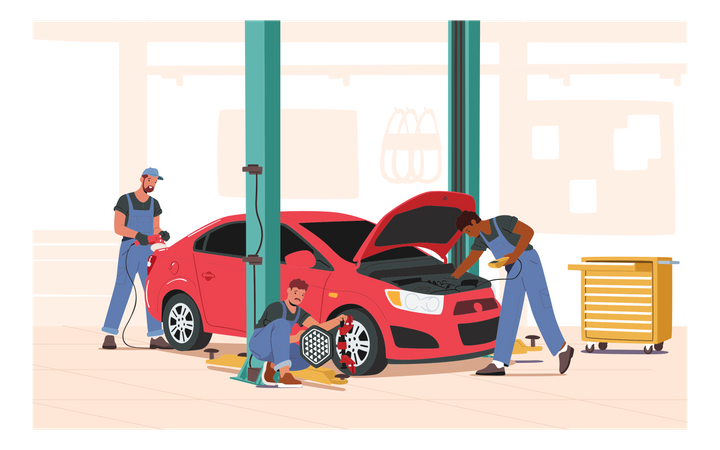 Garage mechanics fixing issue with the car  Illustration