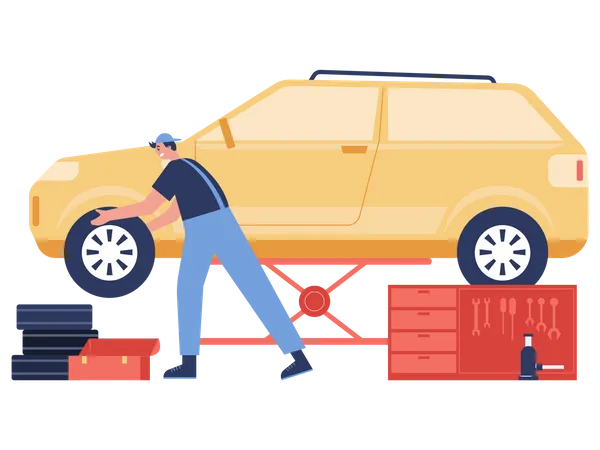 Garage worker changing tire of car  Illustration