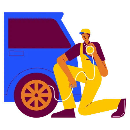 Garage worker checking tire pressure  Illustration