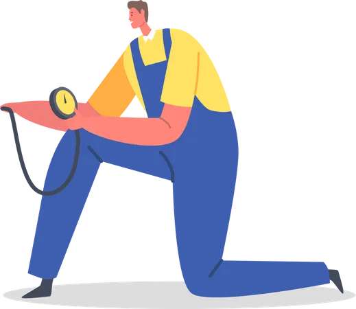 Garage Worker checking tire pressure  Illustration