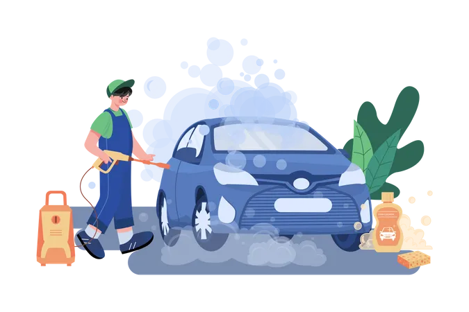 Garage worker cleaning car  Illustration