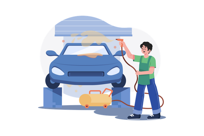 Garage worker cleaning car  Illustration