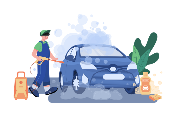 Garage worker cleaning car  Illustration