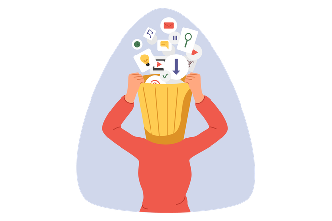 Garbage clogging modern woman brain from multimedia icons above head with trash can.  Illustration