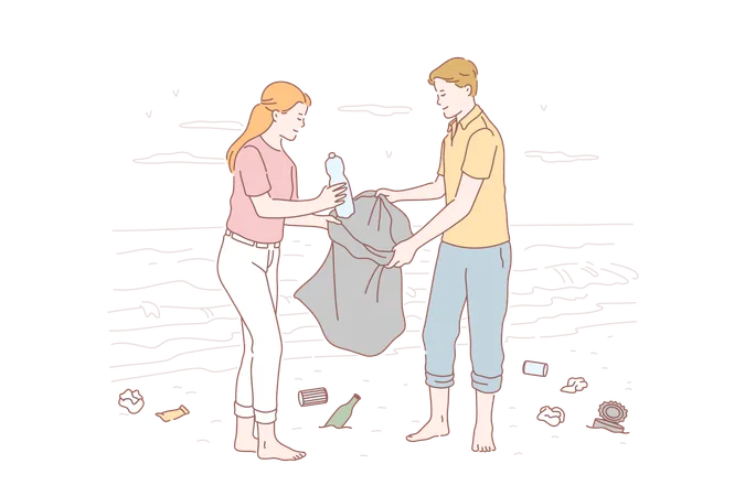 Volunteer Eco Environment Pollution Concept Young Happy People Man Woman Clean The Coastal Area Of Debris Enterprising Boy Girl Students Are Responsible For The Environment Flat Simple Vector Illustration
